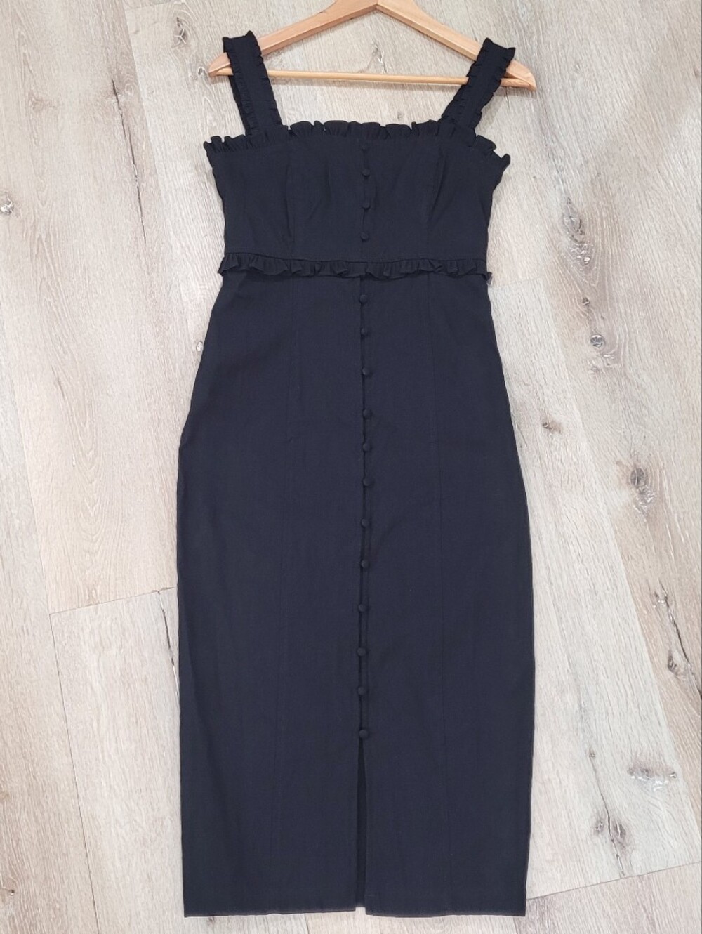 Anthropologie Black Ruffle-Trim Button-Front Maxi Dress